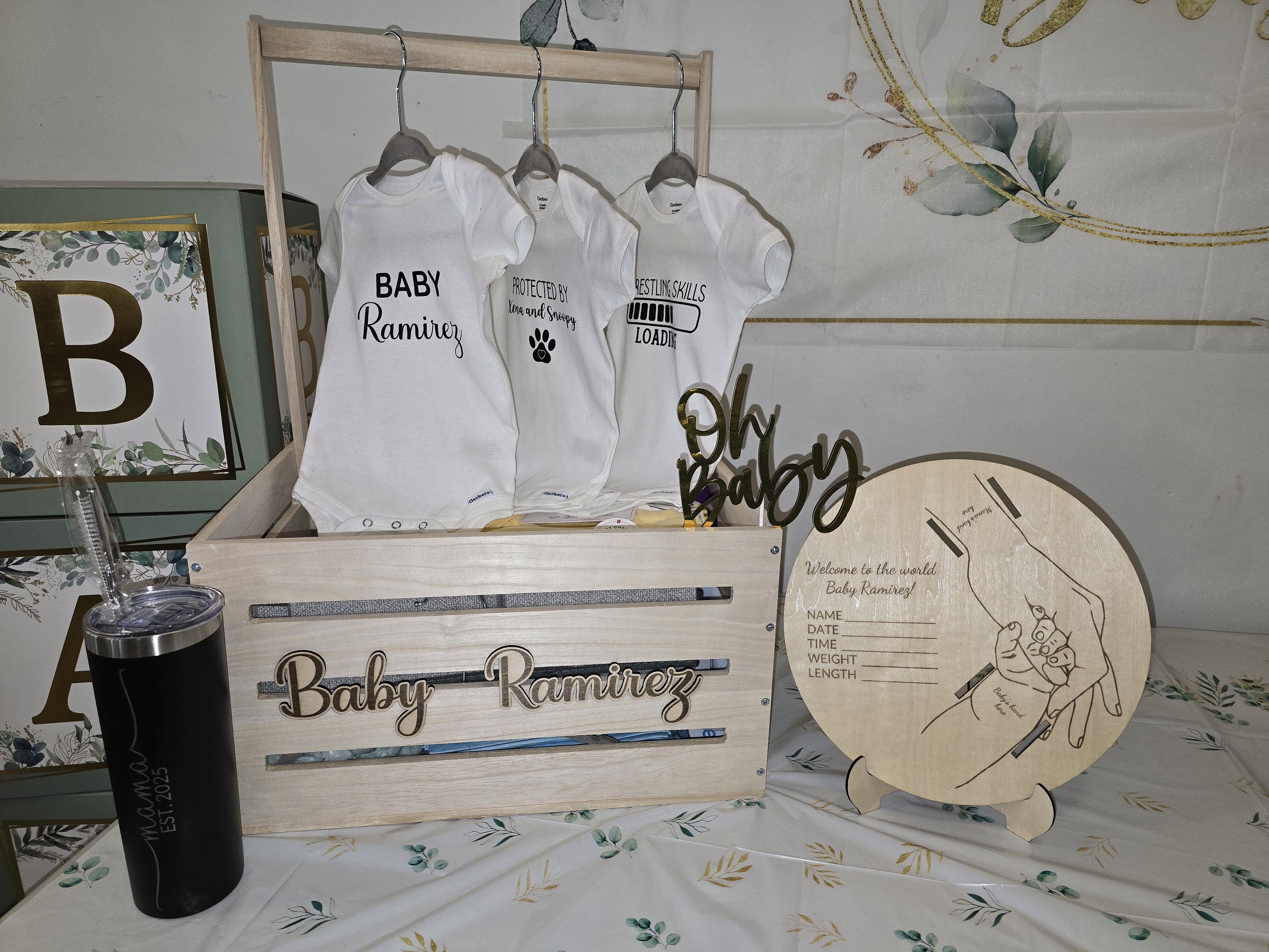 TriSolo, LLC custom baby gift crate with engraved tumbler and onesies